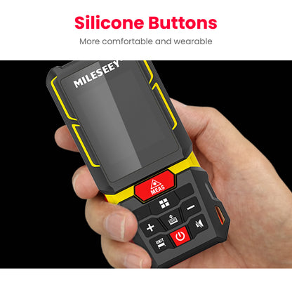 Hand holding a device with silicone buttons labeled 'MILESEYE', featuring red and yellow accents.