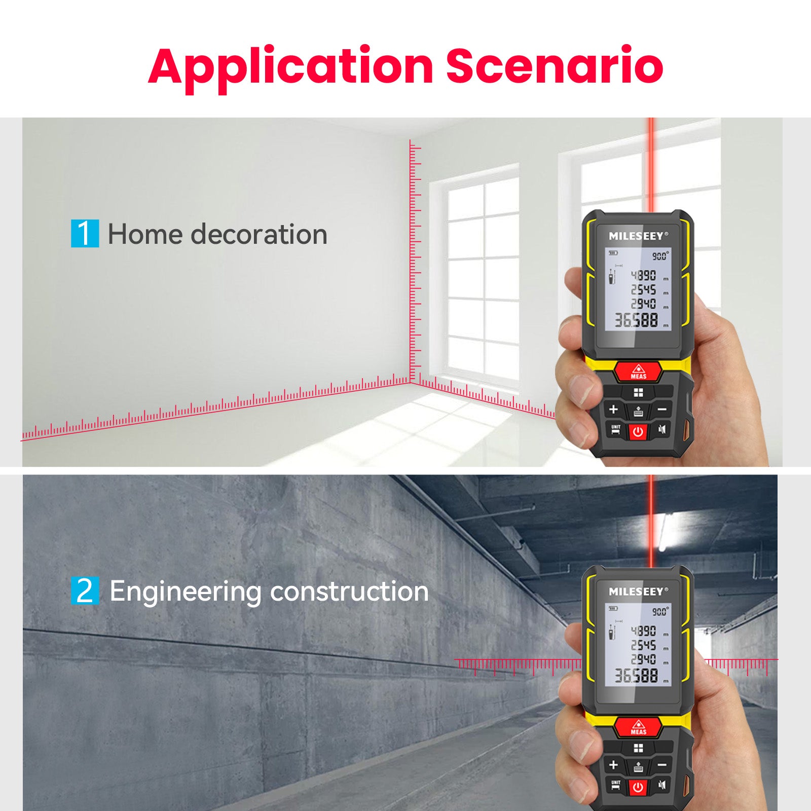 Handheld laser measure device being used for home decoration and engineering construction.