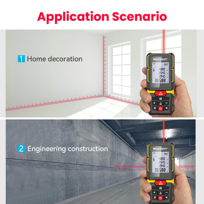 Handheld laser measure device being used for home decoration and engineering construction.