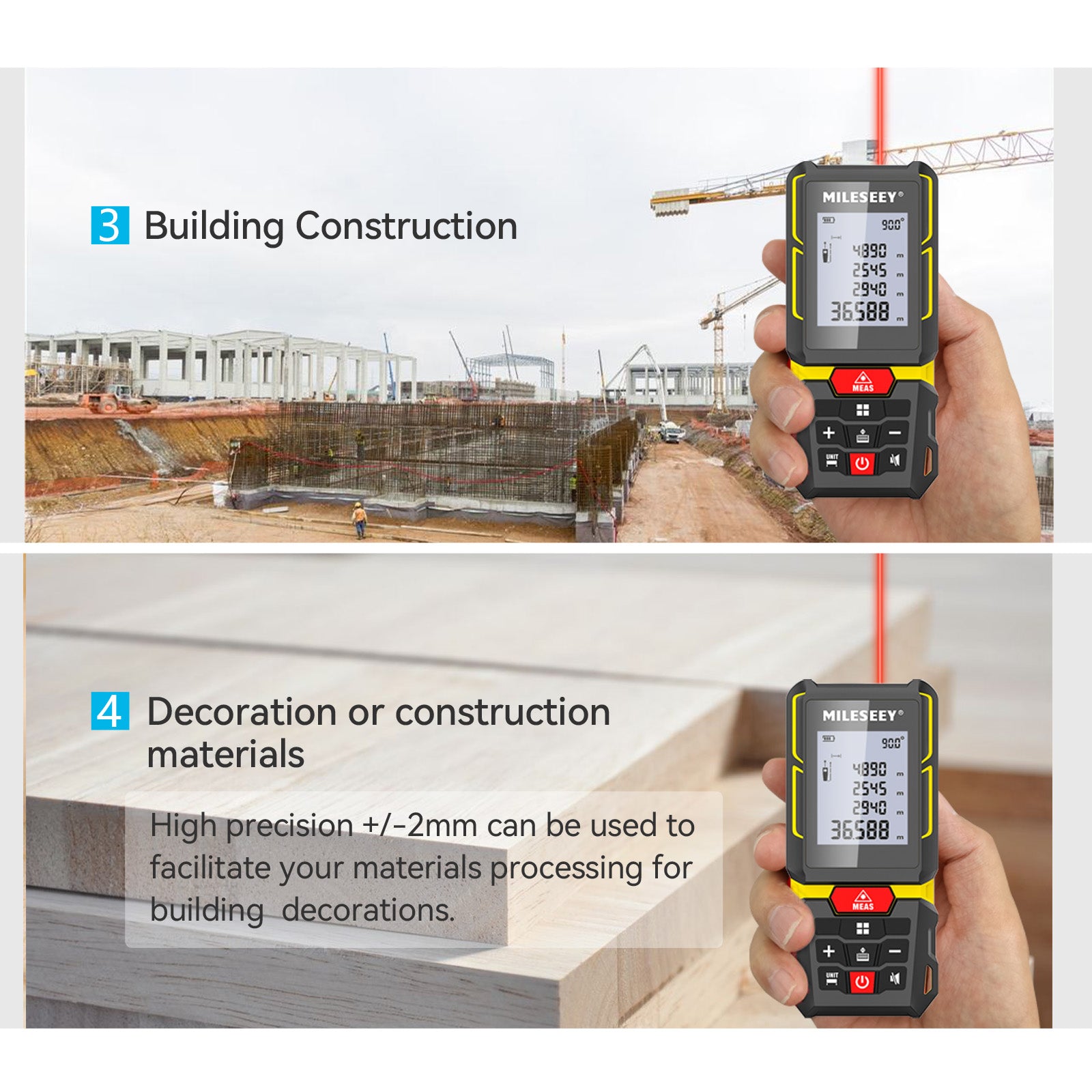 Mileseey laser distance meter being held in front of a construction site and materials.