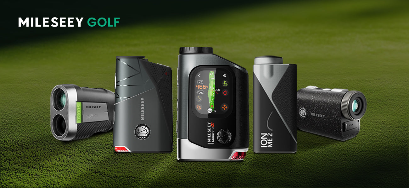 Mileseey golf devices on a green background