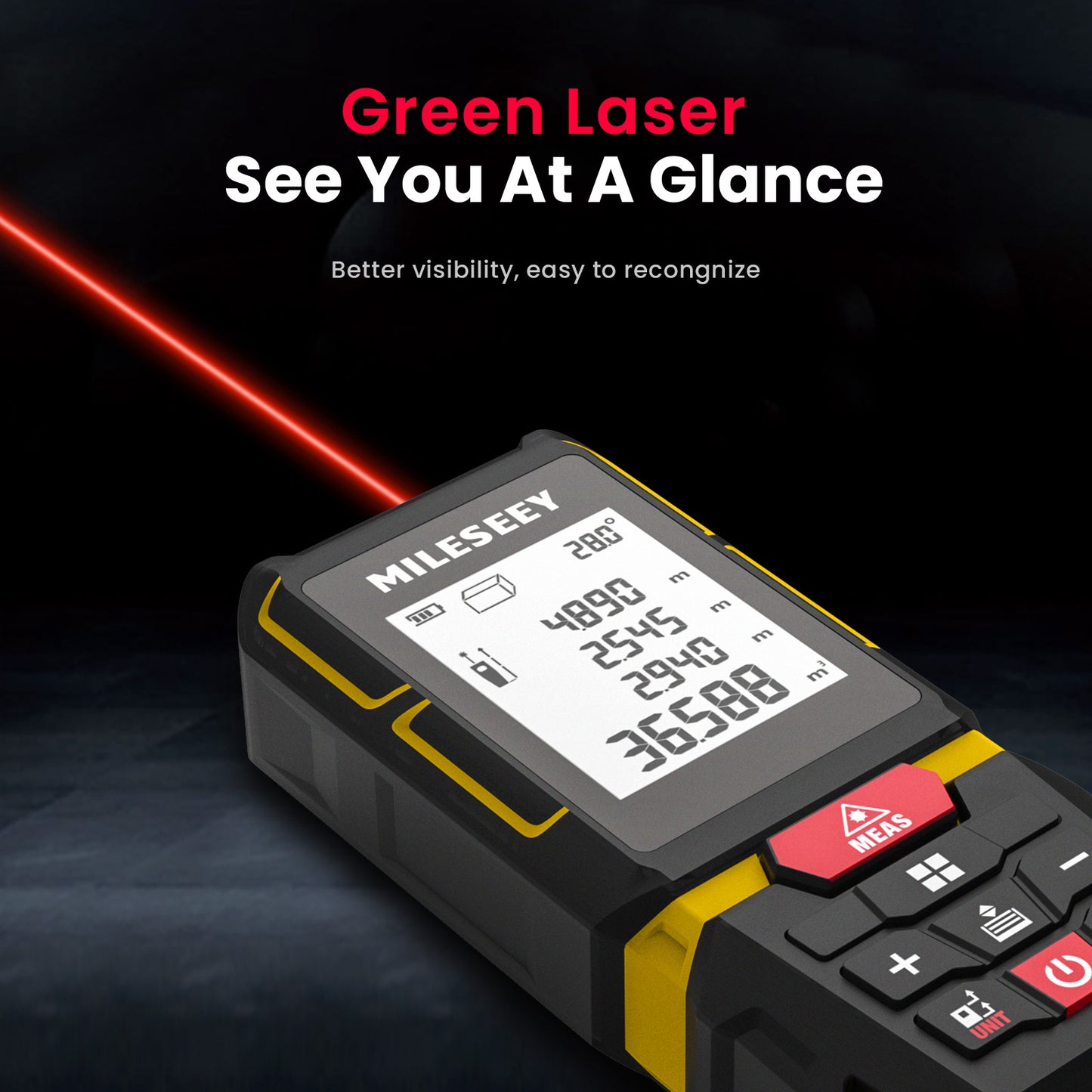 Mileseey laser measure device with green laser line on a dark background