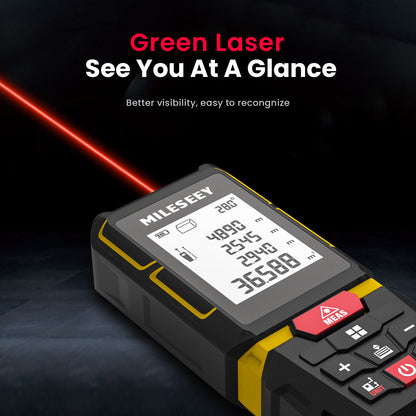 Mileseey laser measure device with green laser line on a dark background