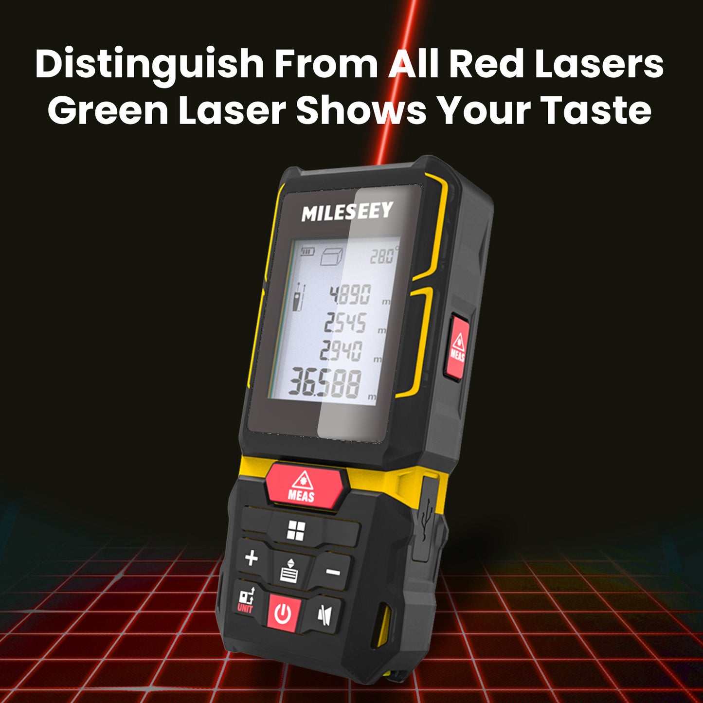 Mileseey laser measure device with green laser pointer on a dark background