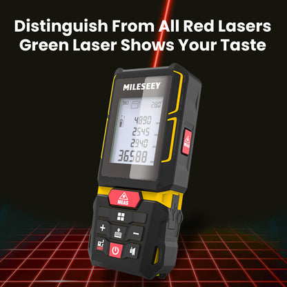 Mileseey laser measure device with green laser pointer on a dark background