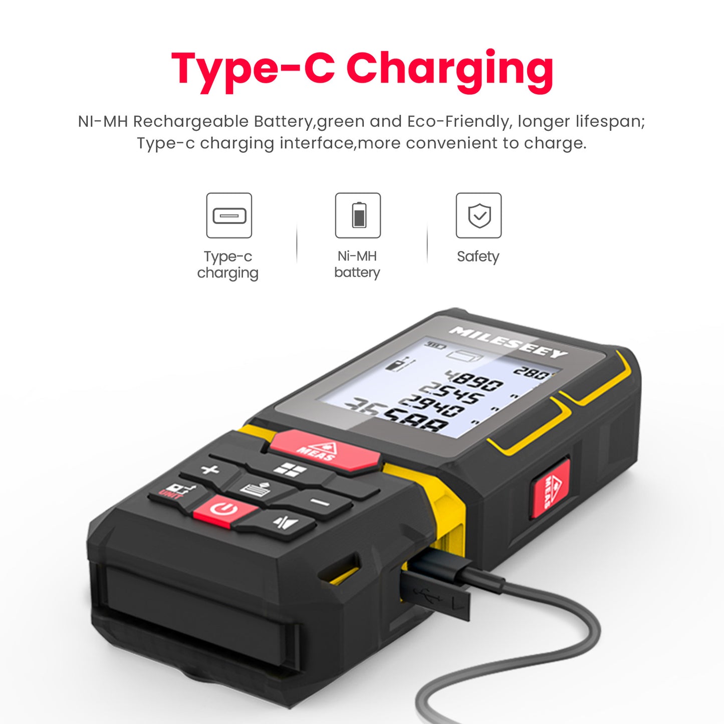 Laser measuring device with Type-C charging interface on a white background