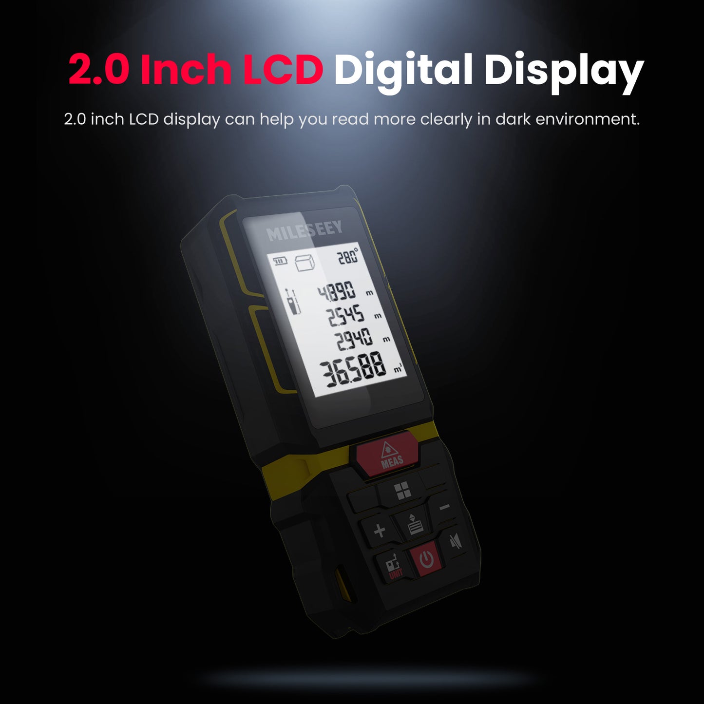 Digital measuring device with 2.0 inch LCD display on a dark background