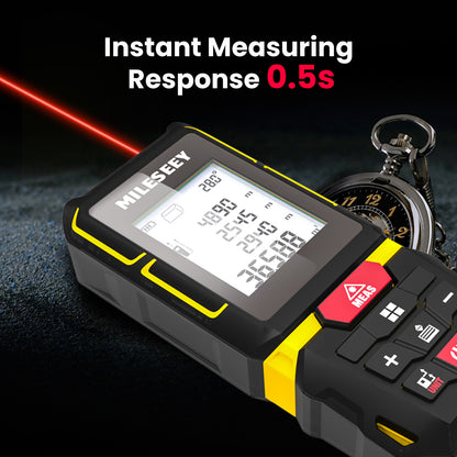 Mileseey laser measuring device with digital display on a dark background