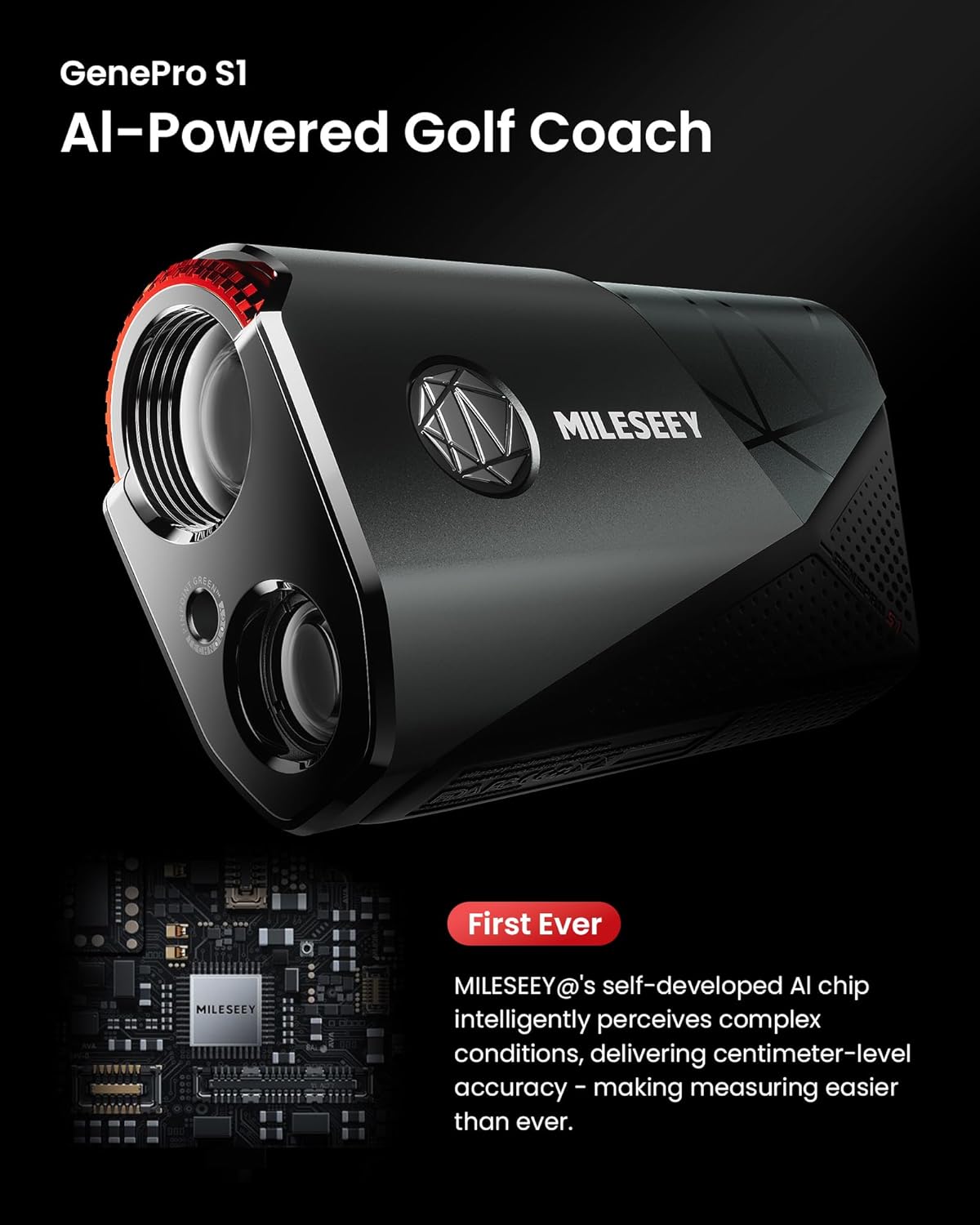 MILESEYE GenePro S1 AI-Powered Golf Coach on a dark background