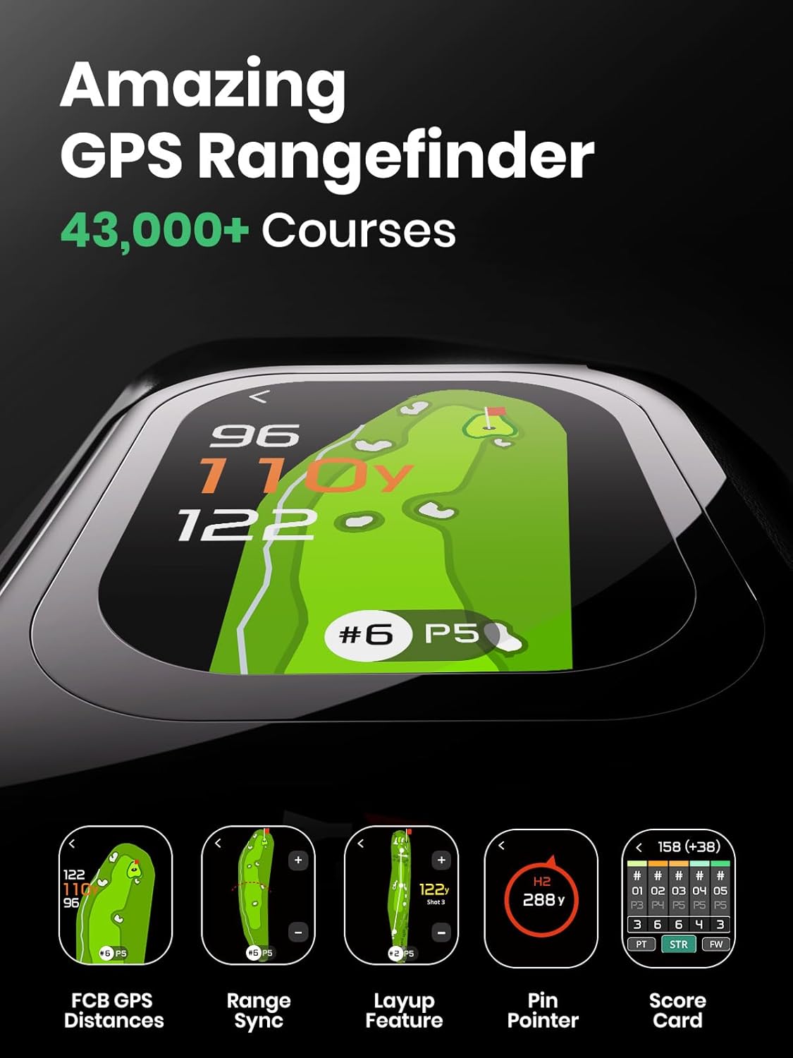 GPS rangefinder with screen displaying golf course information on a black background