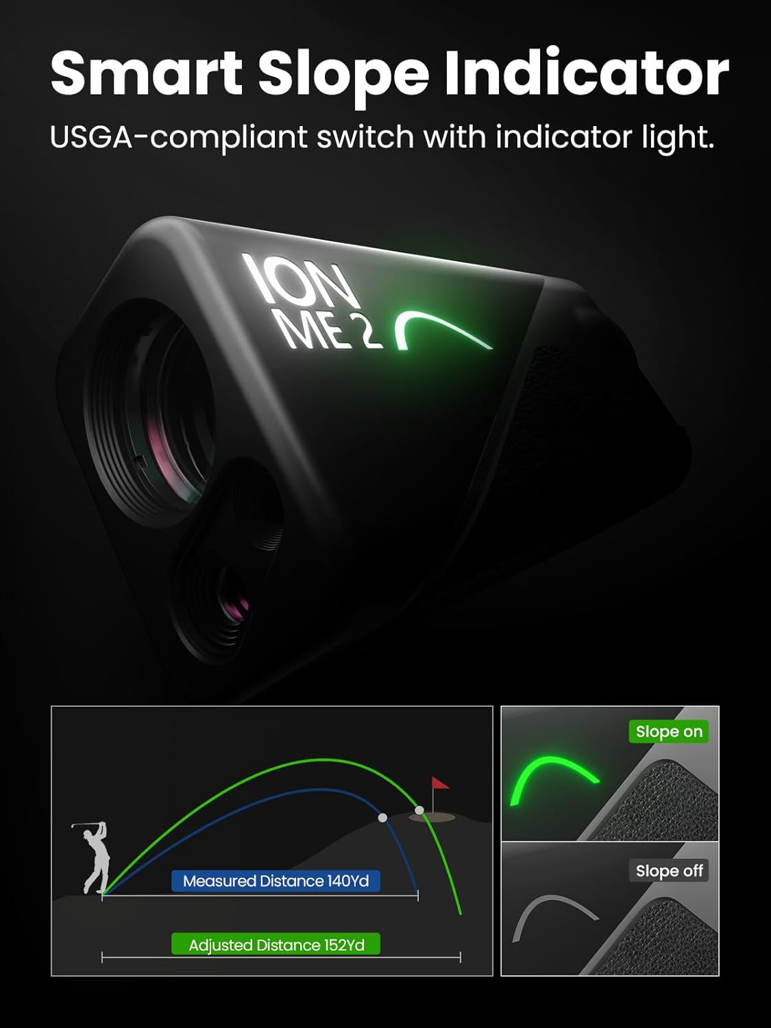Golf rangefinder with smart slope indicator feature on a dark background