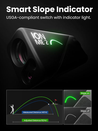 Golf rangefinder with smart slope indicator feature on a dark background
