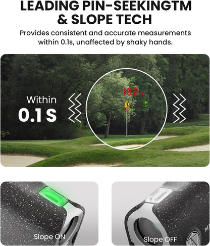 Golf equipment with digital display and text about pin-seeking technology and slope tech.