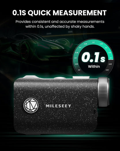 Mileseey laser rangefinder with quick measurement feature on a dark background