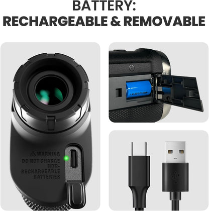 Monocular with rechargeable and removable battery features, including a USB cable.