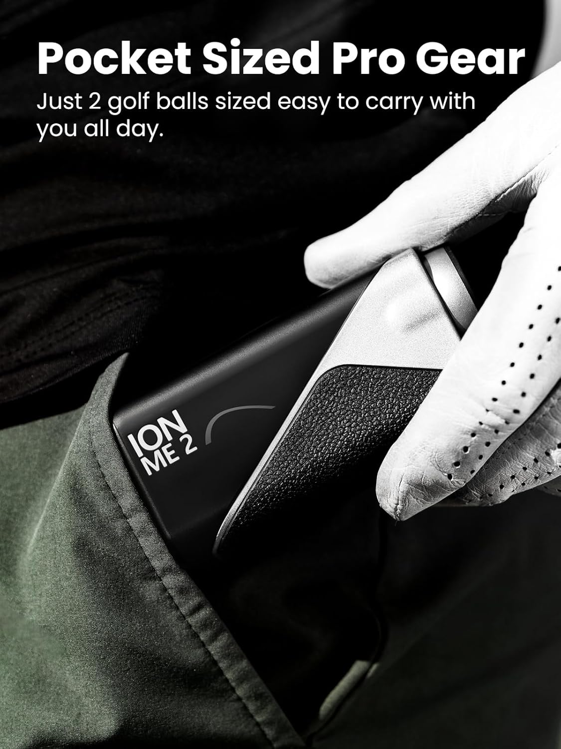Golf ball holder with golf balls being placed into a pocket, promotional text about pocket-sized pro gear.