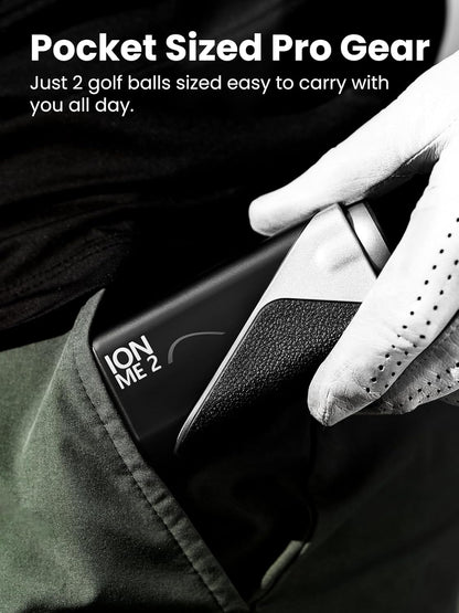 Golf ball holder with golf balls being placed into a pocket, promotional text about pocket-sized pro gear.