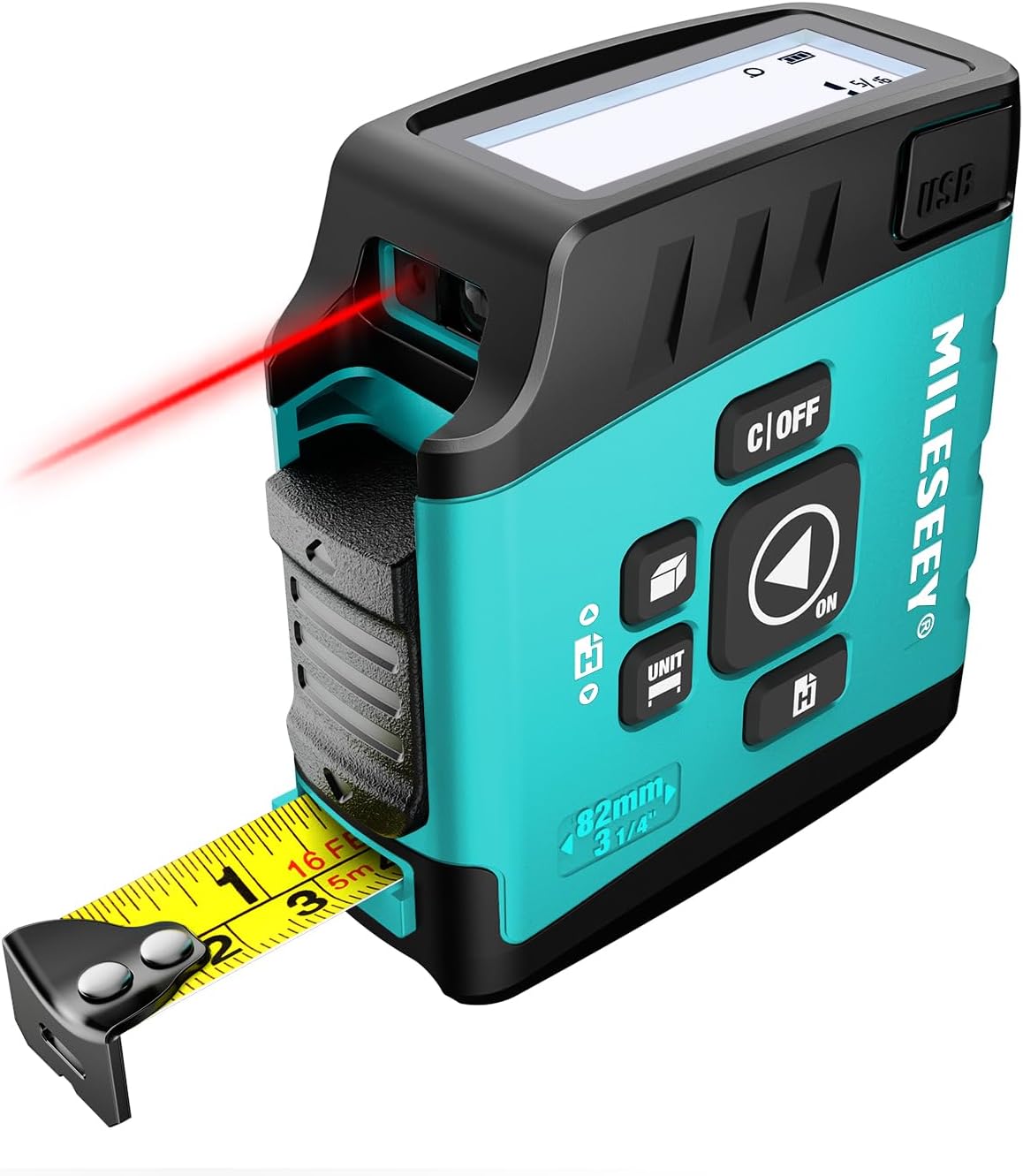 Mileseey laser measure with digital display and tape measure extension on a white background