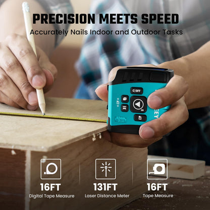 Handheld device with digital tape measure, laser distance meter, and tape measure functions held by a person over a wooden surface.
