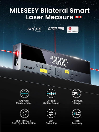 MILESEEY Bilateral Smart Laser Measure with features highlighted on a dark background