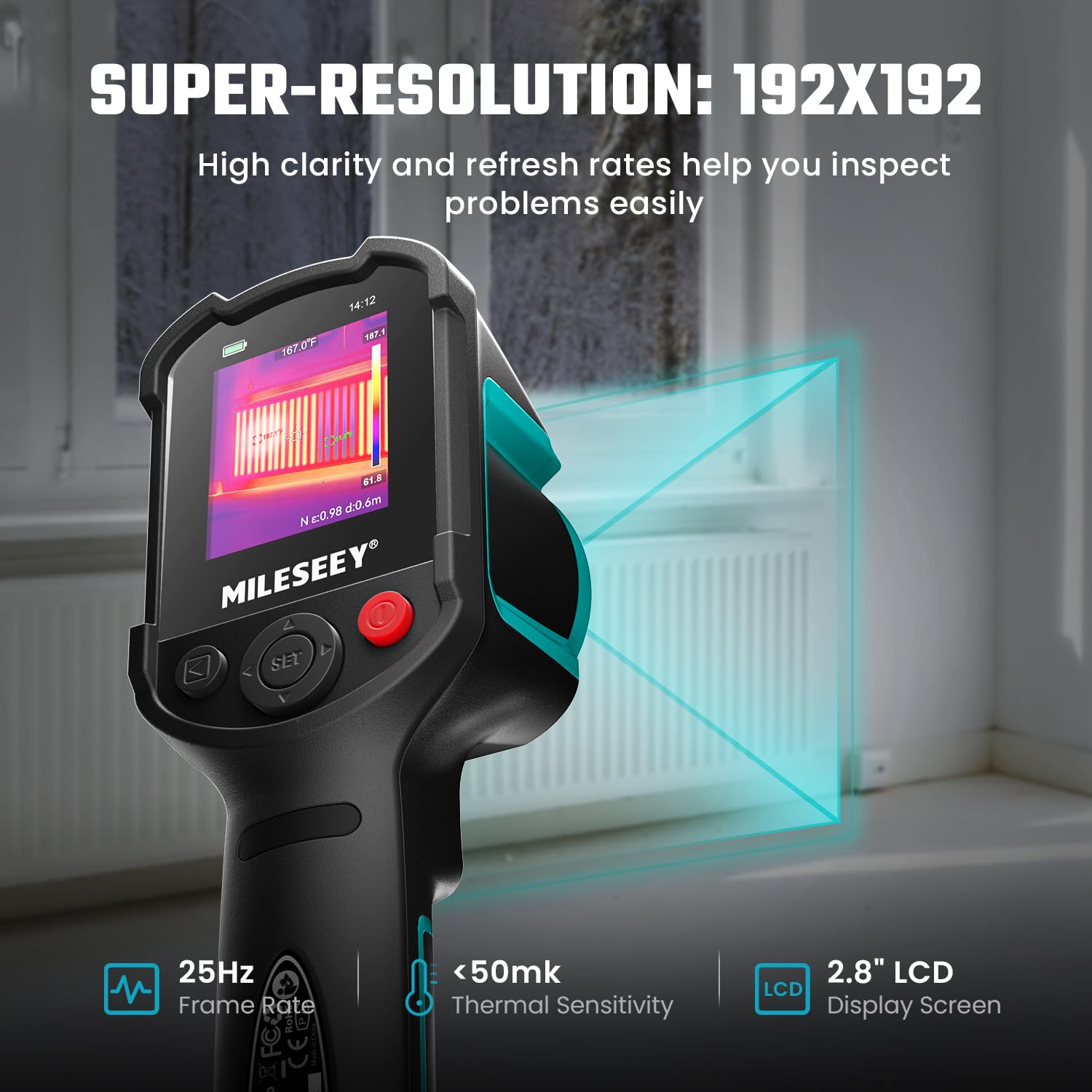 Thermographic camera with thermal imaging display in a room setting, highlighting its features.