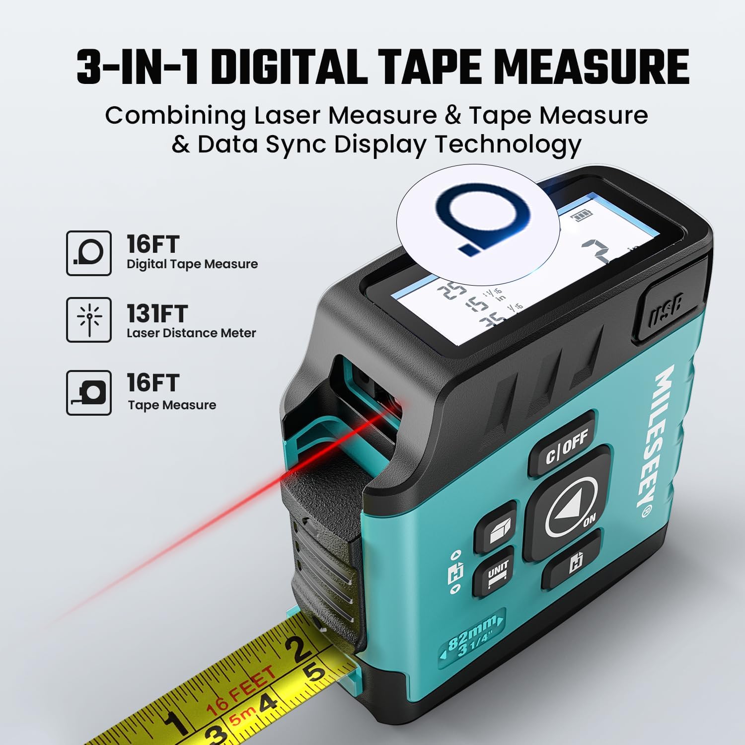 3-in-1 digital tape measure with laser measurement technology on a white background