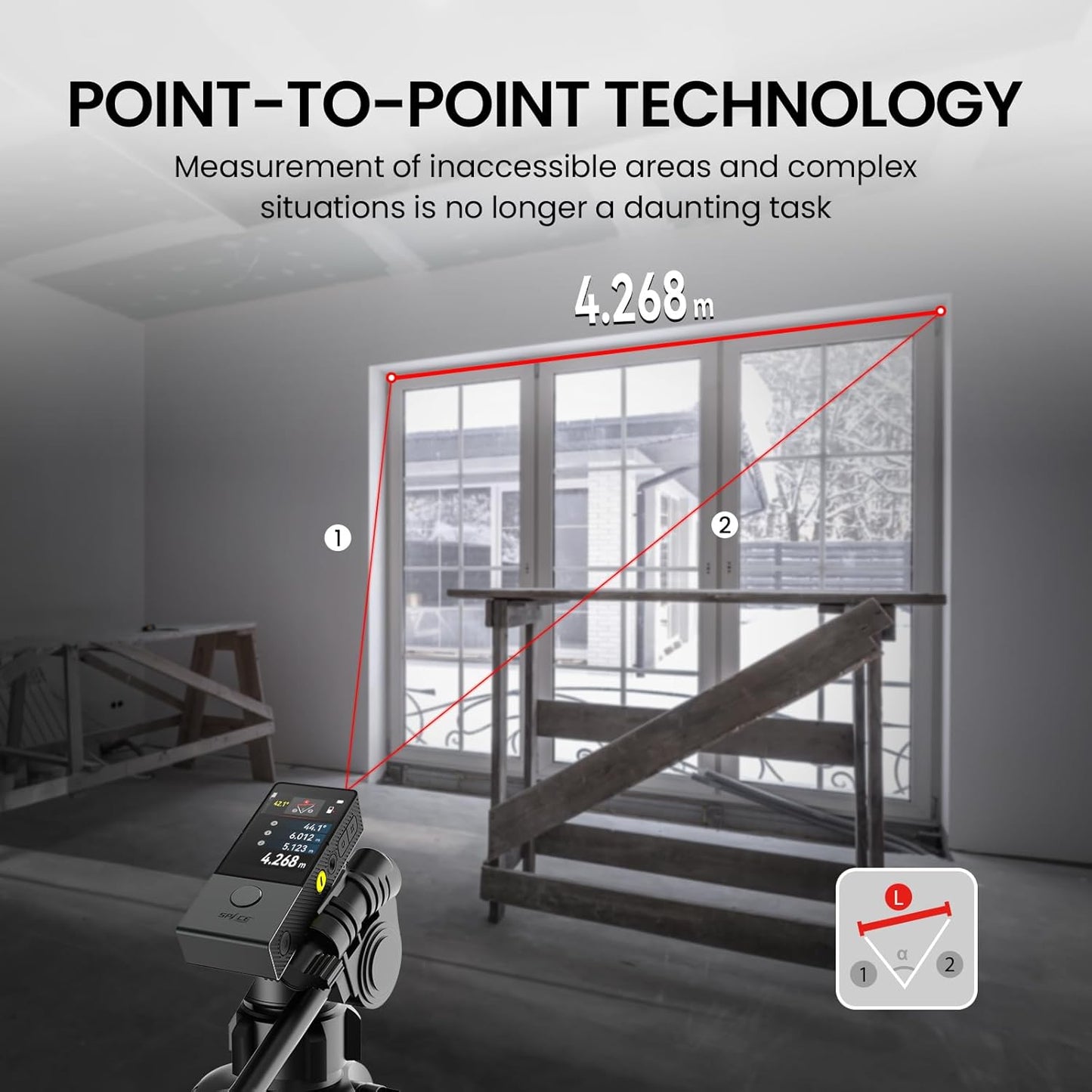 Measurement device with point-to-point technology in a room setting, showing distance measurement.