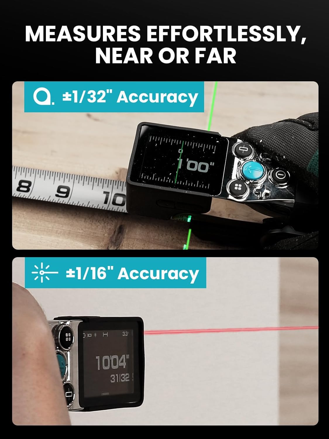 Digital measuring device with accuracy indicators on a wooden surface