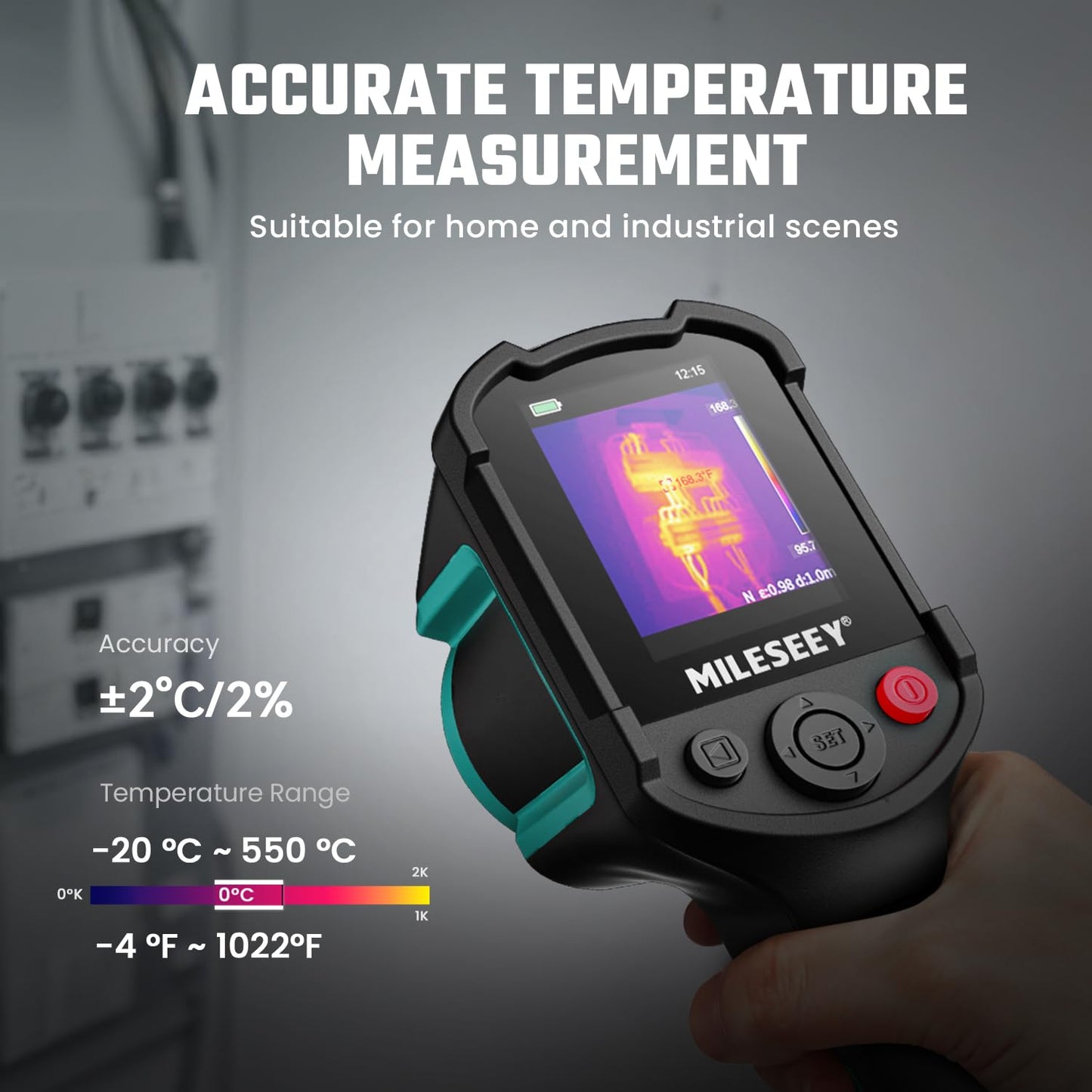 Thermographic camera with thermal imaging display held by a hand, suitable for home and industrial use.