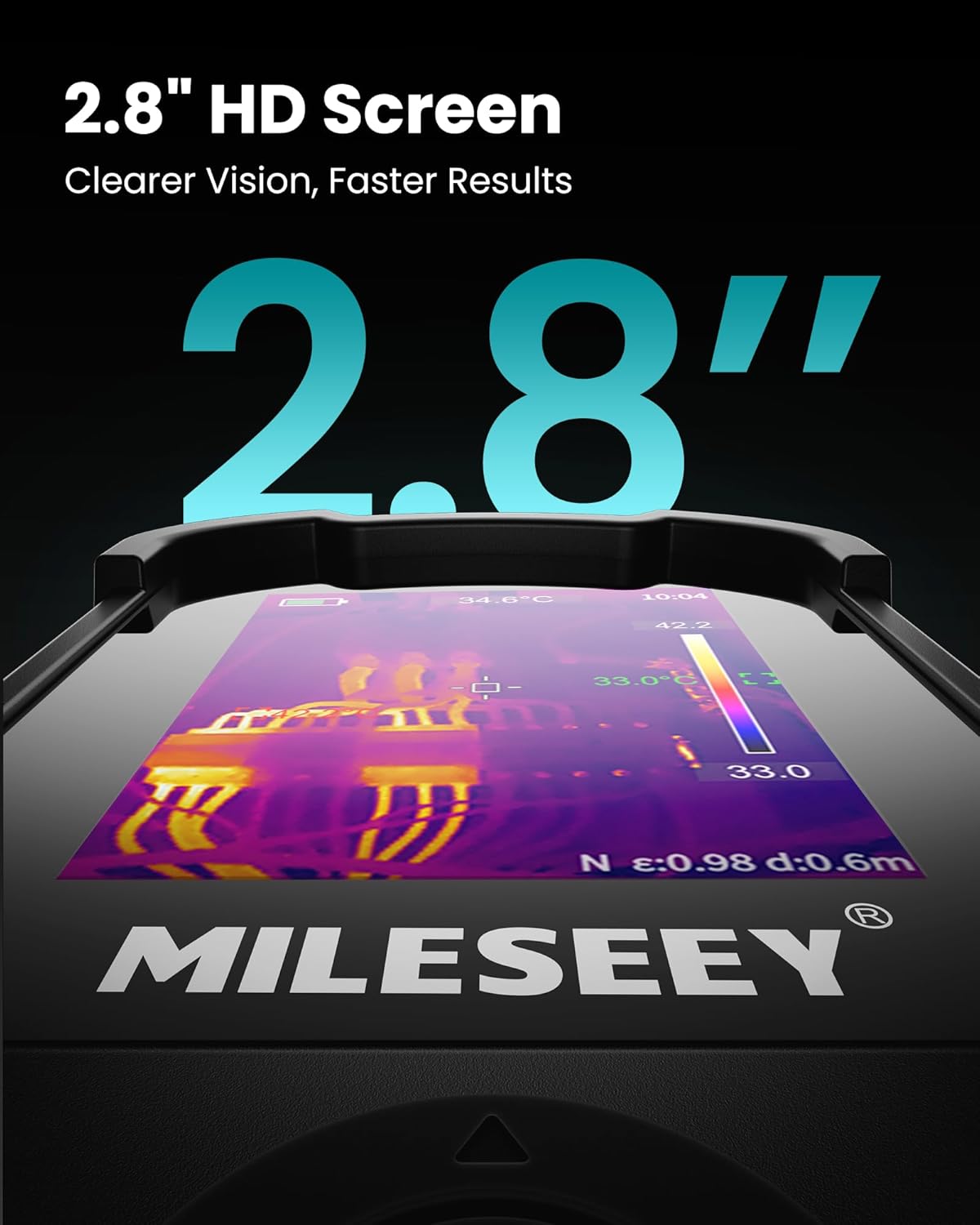 Milegeey thermal imaging device with 2.8-inch HD screen on a black background