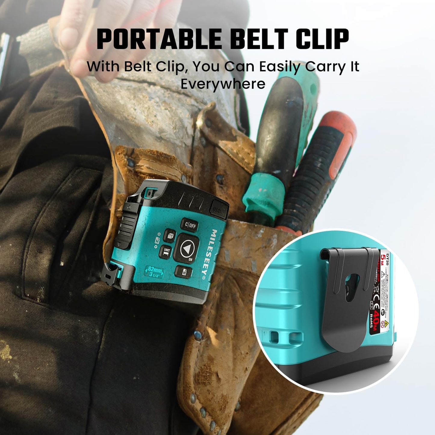 Portable belt clip with a tool pouch and close-up of the clip on a white background