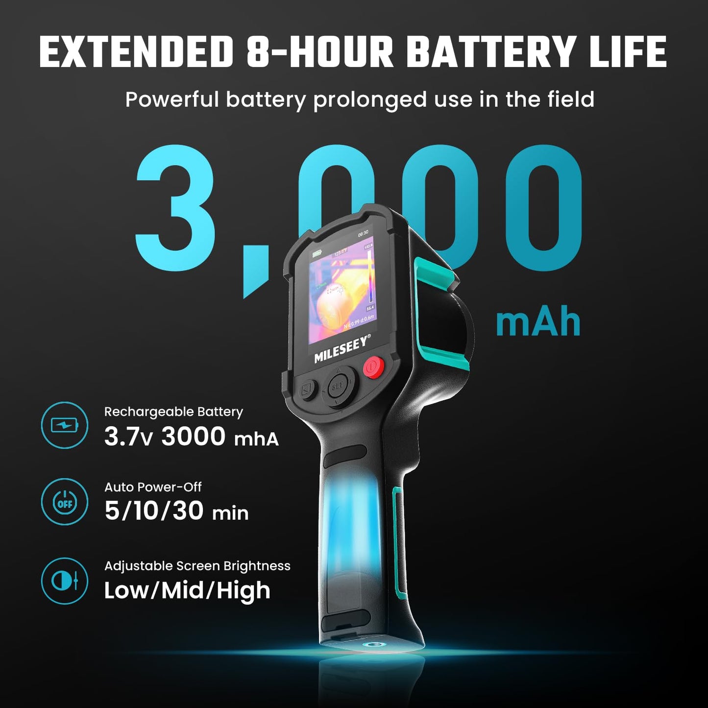 Infrared thermometer with extended battery life feature on a dark background