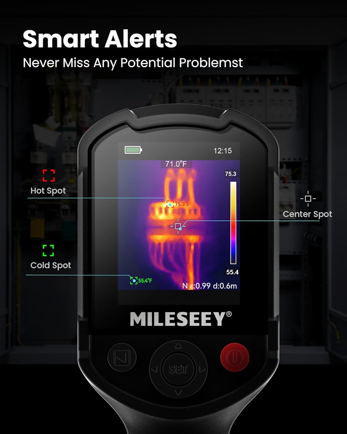 Infrared thermal imaging device with digital display and MILESEEV brand name, showing smart alerts feature.