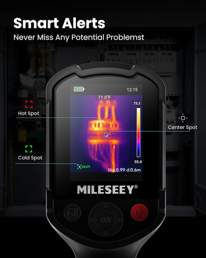 Infrared thermal imaging device with digital display and MILESEEV brand name, showing smart alerts feature.