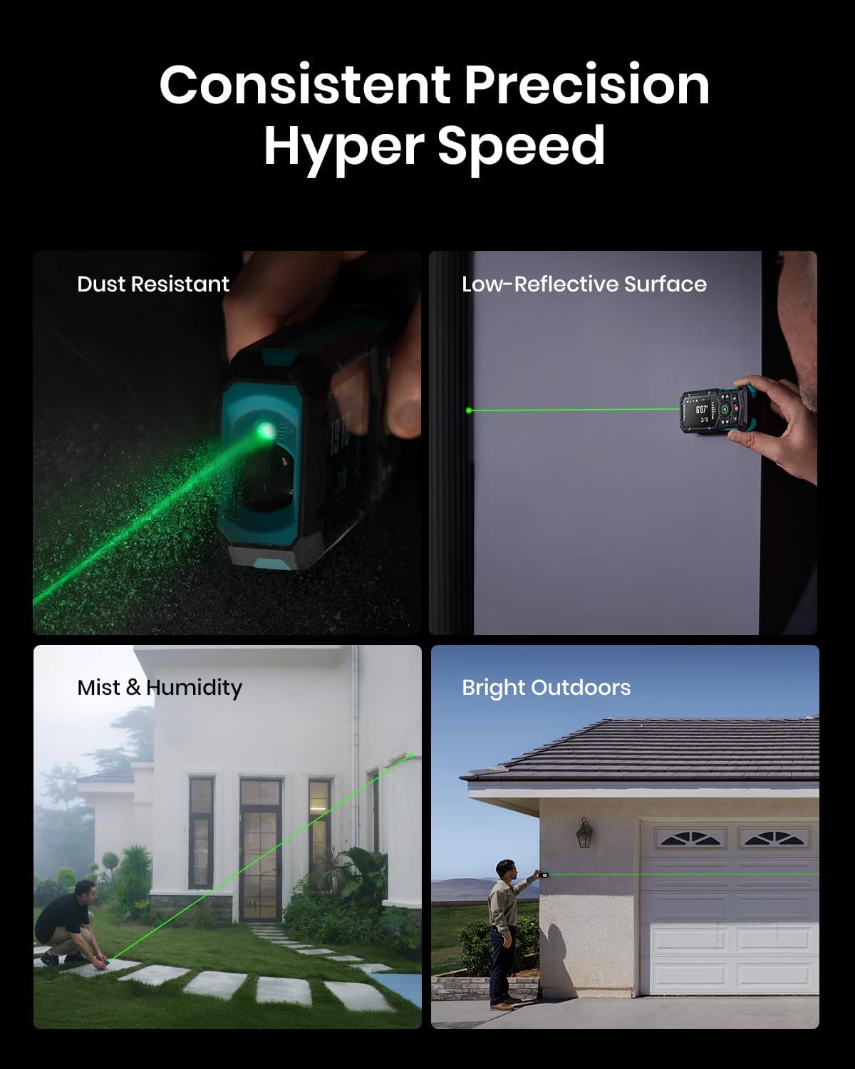 Collage of a laser pointer in various conditions with text 'Consistent Precision Hyper Speed'.