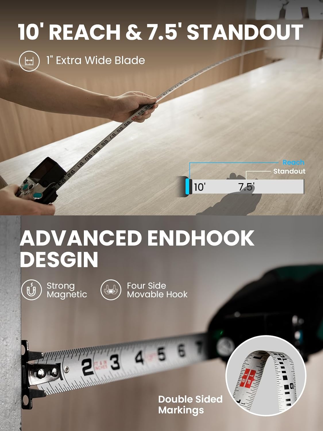 Measurement tool with extended blade, showing reach and standout dimensions, on a neutral background.