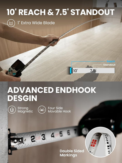 Measurement tool with extended blade, showing reach and standout dimensions, on a neutral background.