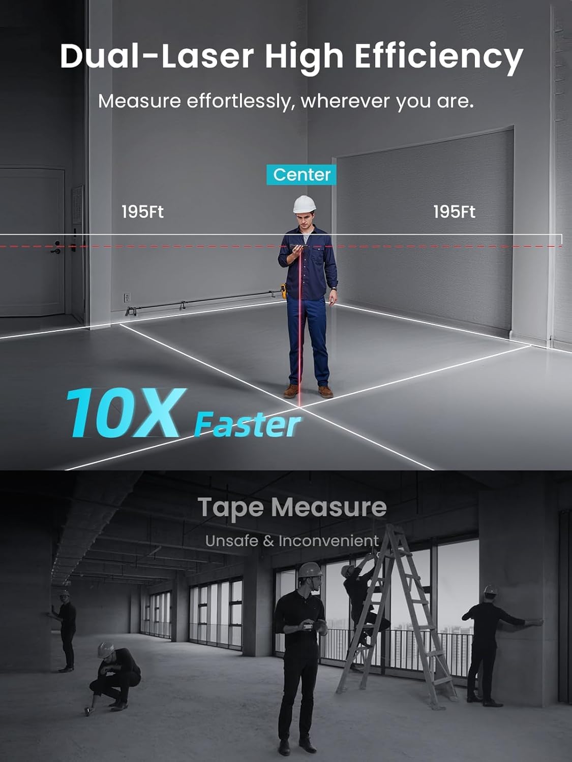 Person using a dual-laser measuring device in a large room with text highlighting efficiency and safety.
