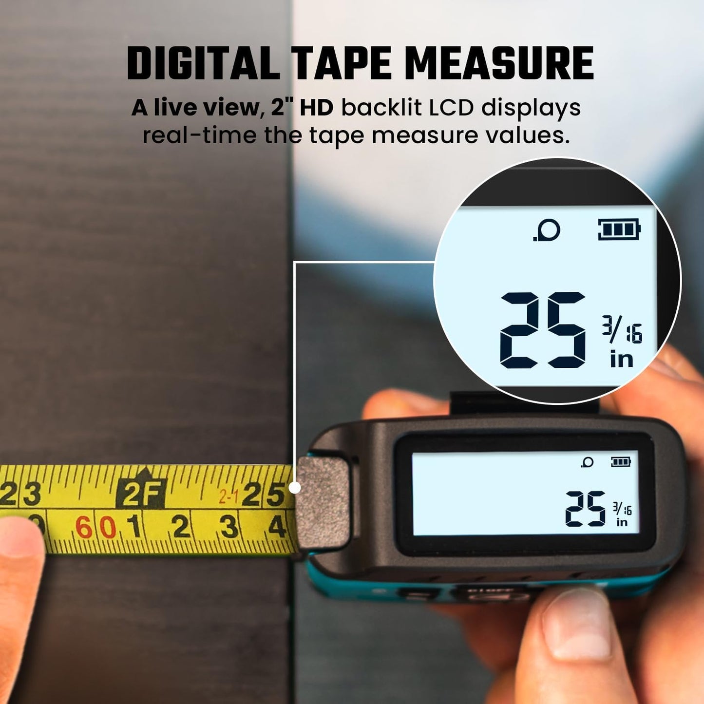 Digital tape measure with a close-up of the LCD display showing measurements.