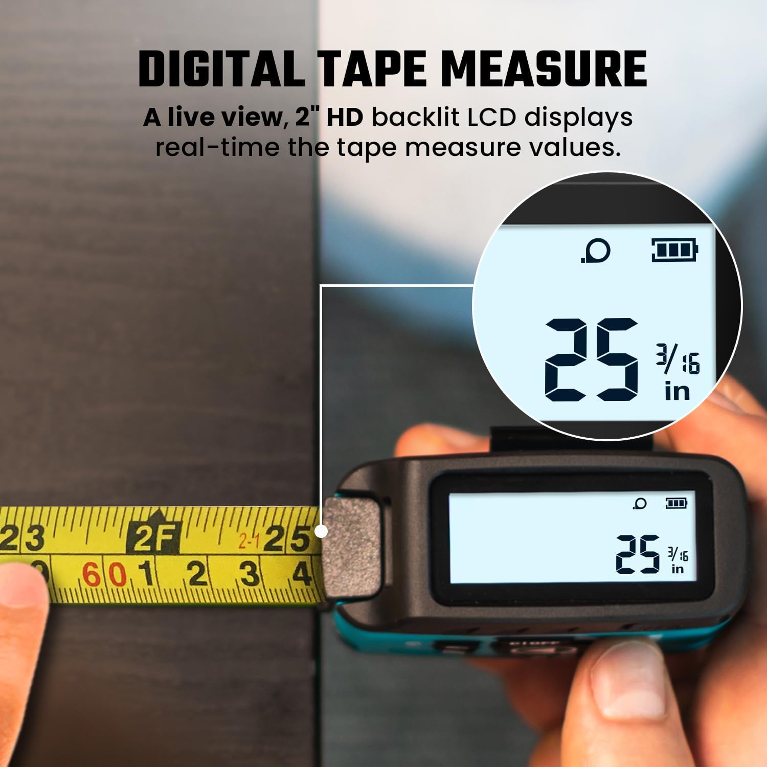 Digital tape measure with a close-up of the LCD display showing measurements.