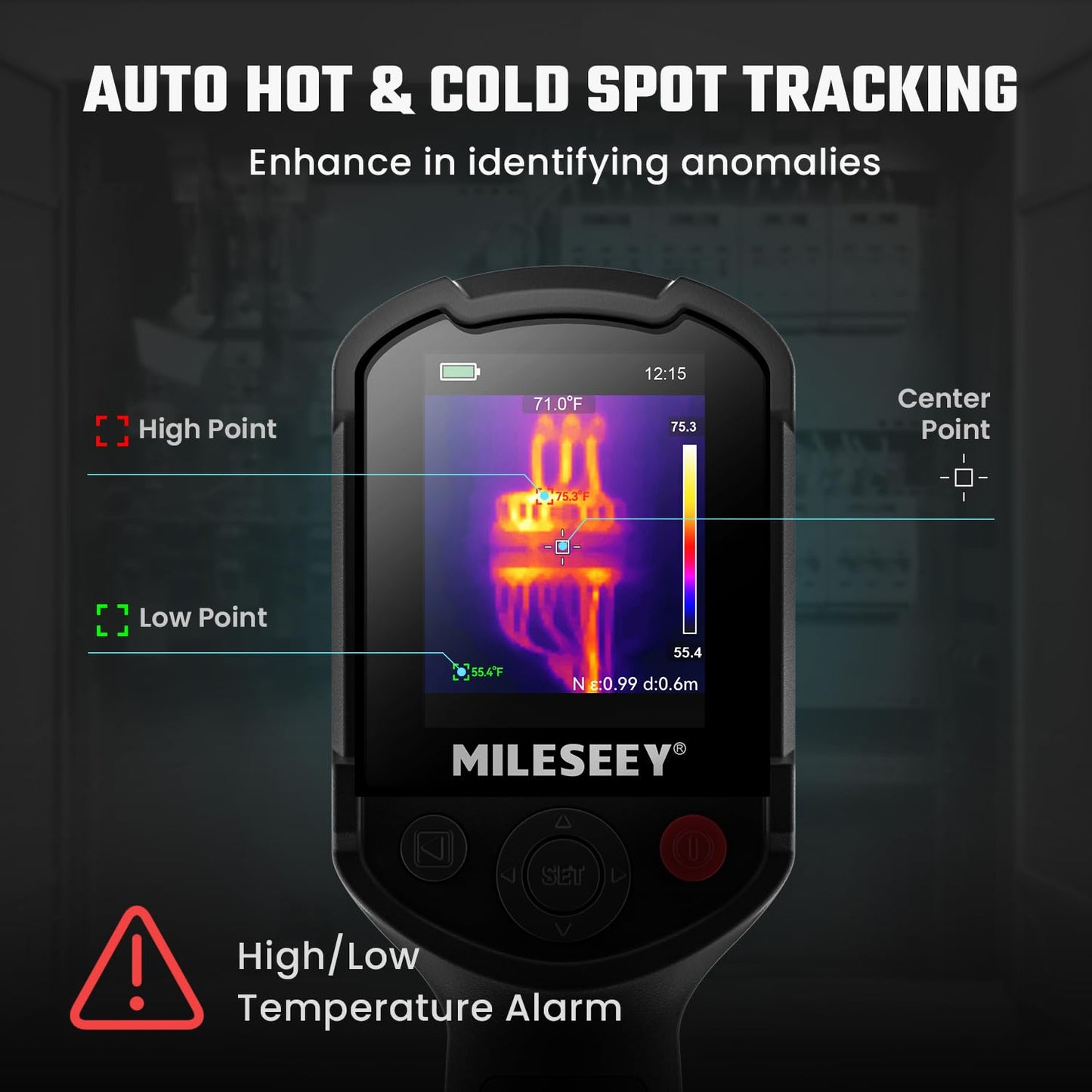 Mileseey thermal imaging device with temperature display on a dark background