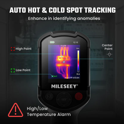 Mileseey thermal imaging device with temperature display on a dark background