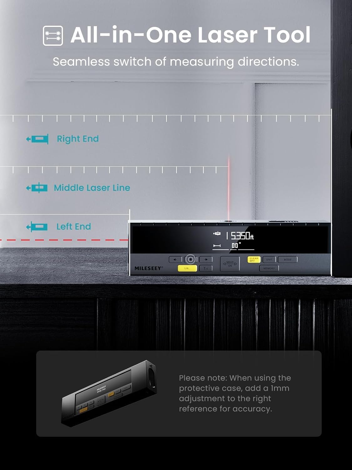 All-in-One Laser Tool with digital display on a gray background