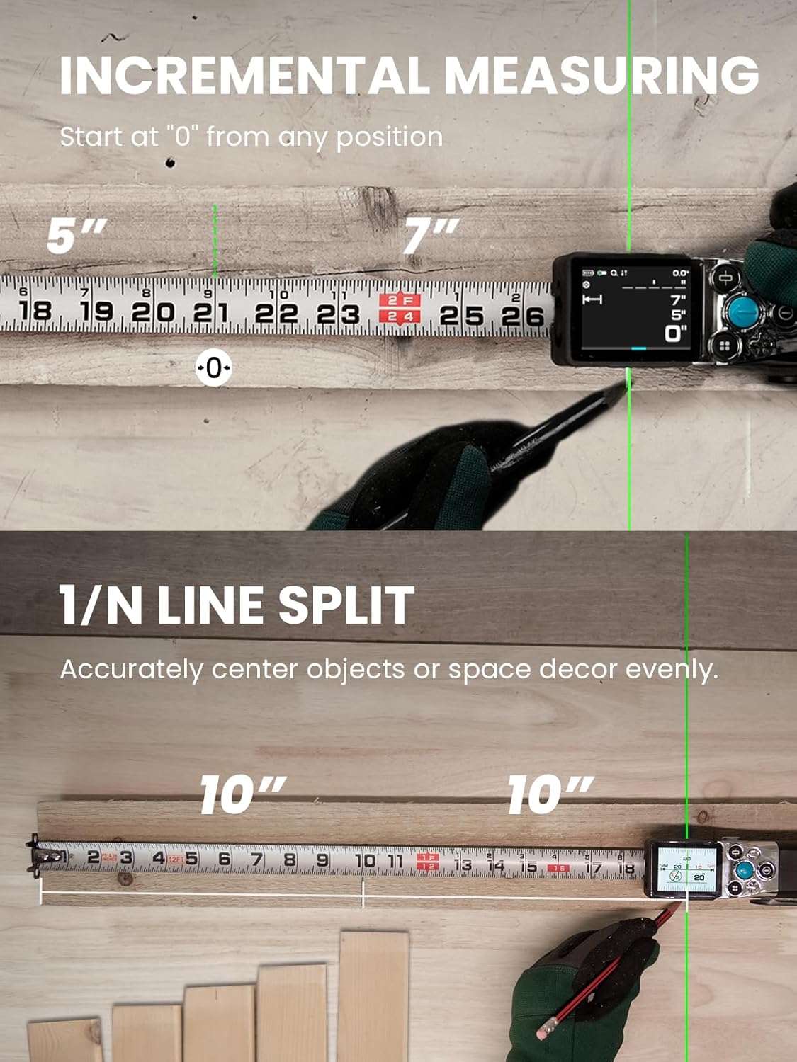 Measurement tool with digital display on a wooden surface, showing incremental measuring and line splitting features.