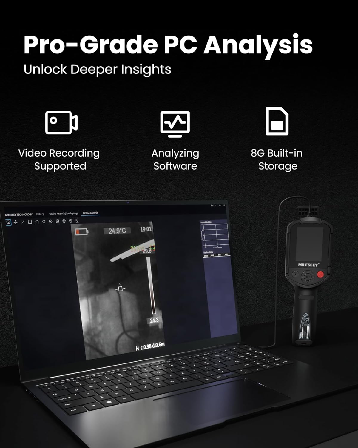 Laptop with video analysis software on screen, next to a handheld device with 'HILTI' branding, on a dark background.