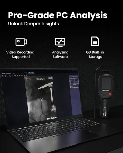 Laptop with video analysis software on screen, next to a handheld device with 'HILTI' branding, on a dark background.