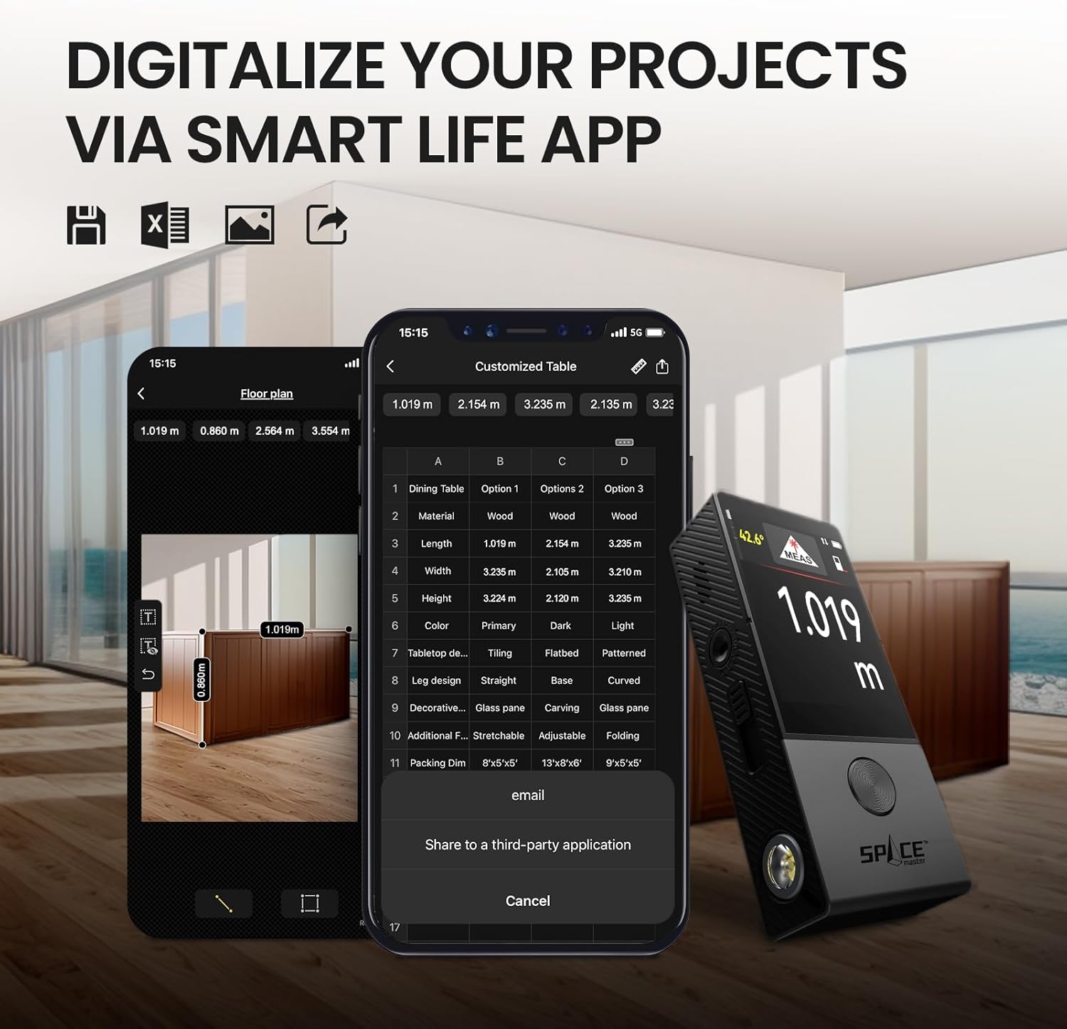 Smart device with app interface on screen, digitalizing projects via Smart Life app.
