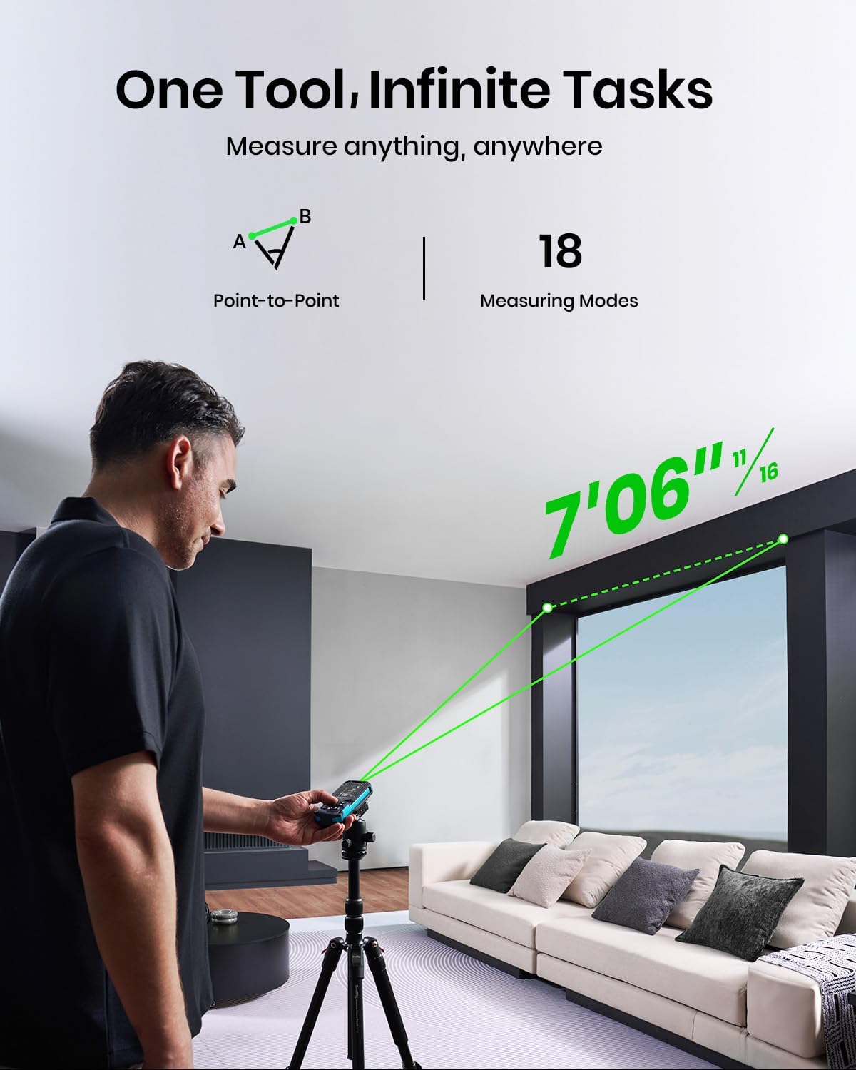 Person using a laser measuring tool in a living room with text highlighting features.
