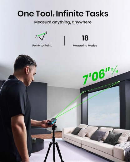 Person using a laser measuring tool in a living room with text highlighting features.