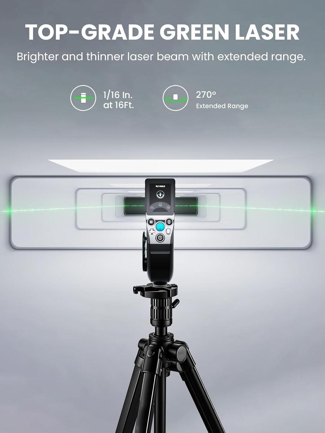 Top-grade green laser device on a tripod with specifications displayed.
